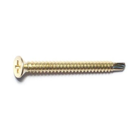 Self-Drilling Screw, #10 X 2 In, Brass Plated Steel Flat Head Phillips Drive, 100 PK